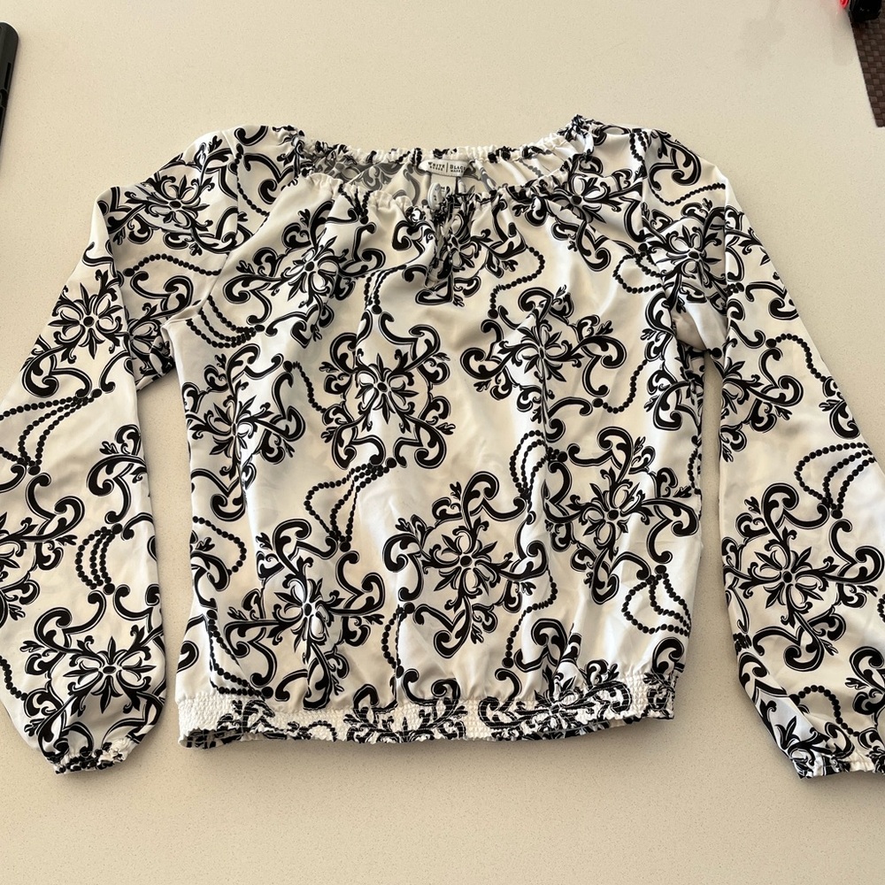 White House Black Market Black and White Patterned Blouse